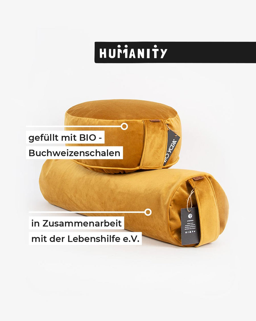 Samt Yoga Bolster Curry mit Bio-Buchweizenschalenfüllung, Bezug waschbar, Made in Germany