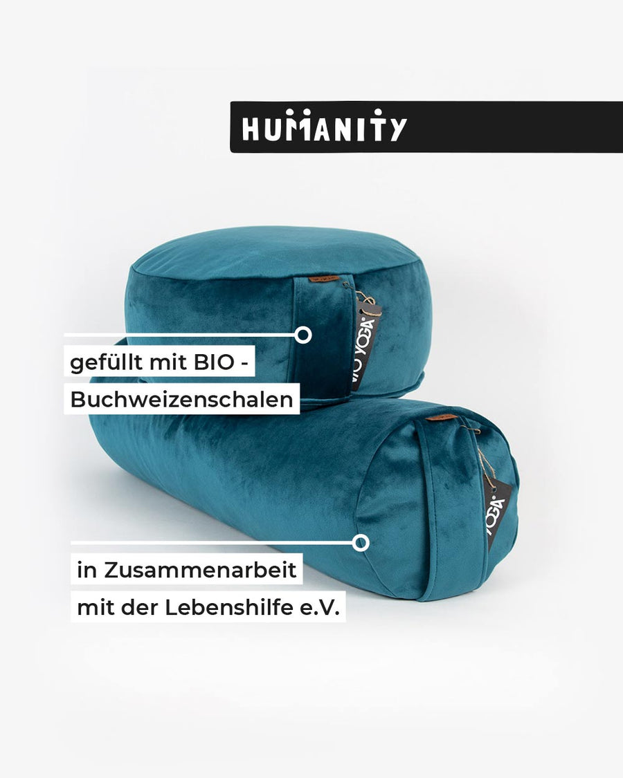 Samt Yoga Bolster Petrol mit Bio-Buchweizenschalenfüllung, Bezug waschbar, Made in Germany