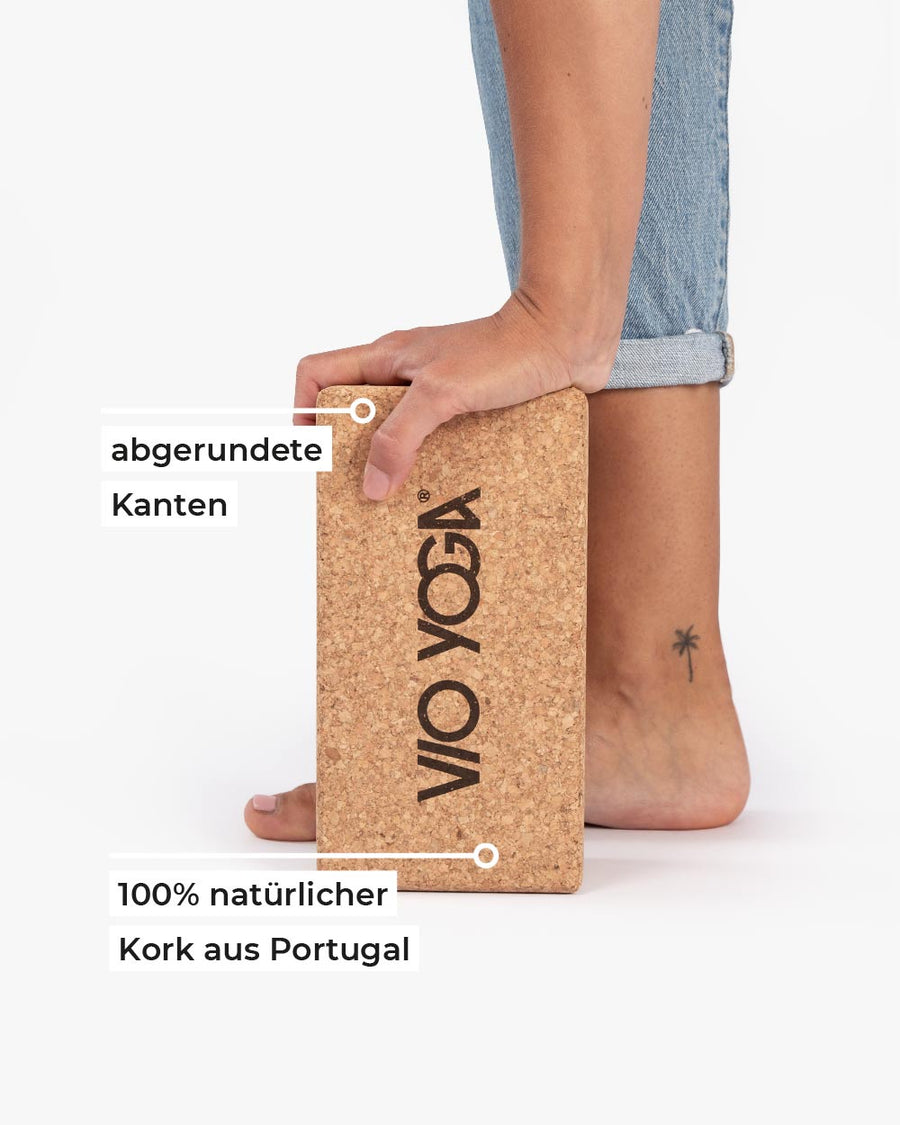 Yga Block Set - 100% Natur-Kork mit abgerundeten Ecken. In Verlängerungsposition.